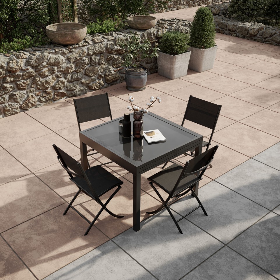 Table de jardin extensible aluminium 90/180cm  + 4 Chaises pliables textilène gris - BORA 4