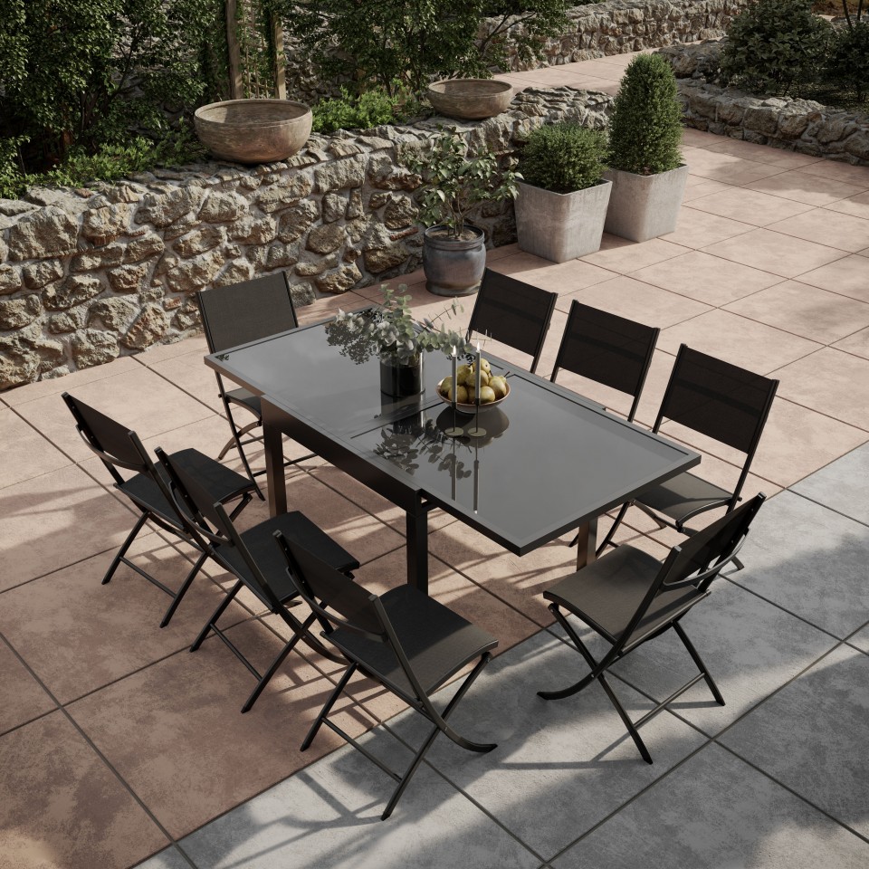 Table de jardin extensible aluminium 90/180cm  + 8 Chaises pliables textilène noir - BORA