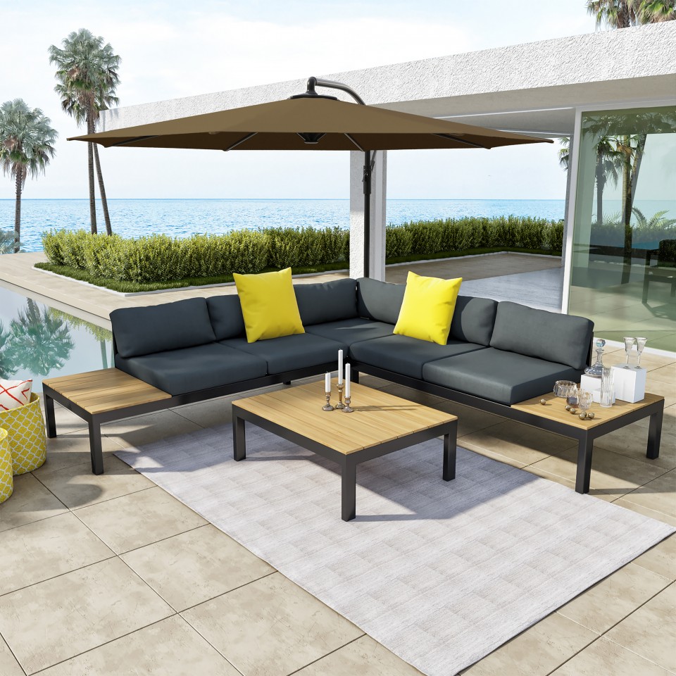 Salon d'angle de jardin design aluminium avec parasol couleur Gris Noir - MILANO + PAROS Salon d'angle de jardin design aluminium avec parasol couleur Gris Noir - MILANO + PAROS
