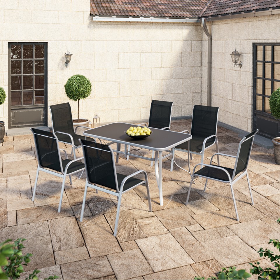 Table de jardin 150cm convivale + 6 fauteuils textilène Noir - VIGO Table de jardin 150cm convivale + 6 fauteuils textilène Noir - VIGO