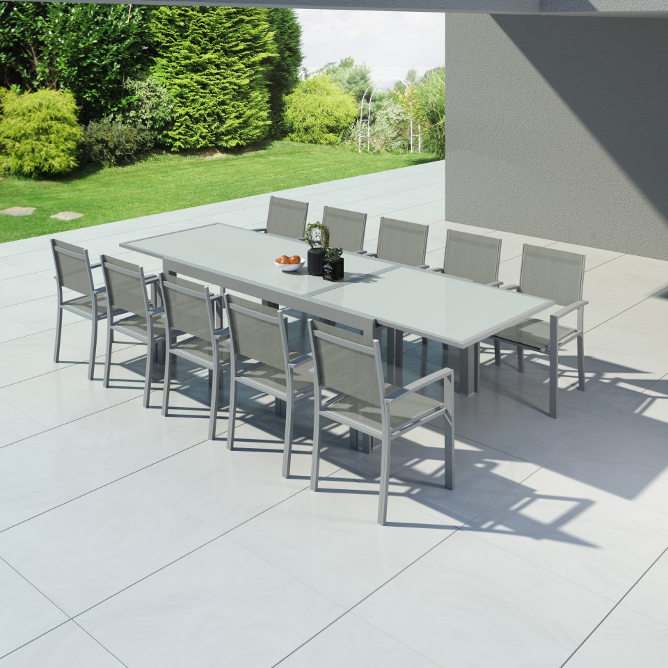 HARA XXL - Table de jardin extensible aluminium 200/320cm  + 10 fauteuils textilène Argentée