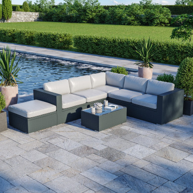 Ensemble salon de jardin en résine tressée fonctionnel avec coffre de rangement intégré- gris - FARENZA