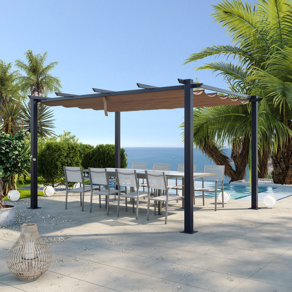 Tonnelle/Pergola aluminium 3x4m toile coulissante rétractable - Gris - OHIO XL