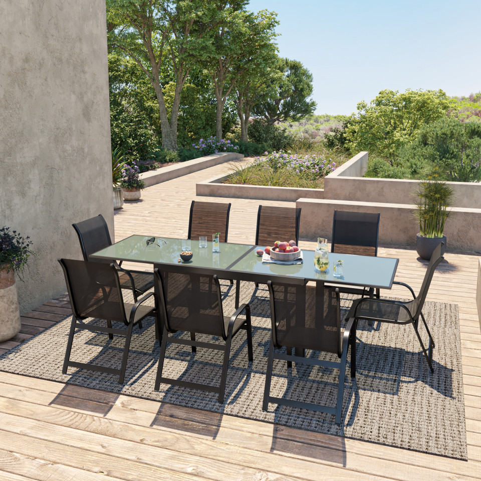 Table de jardin extensible aluminium 140/280cm  + 8 fauteuils  empilables textilène Noir - FARO