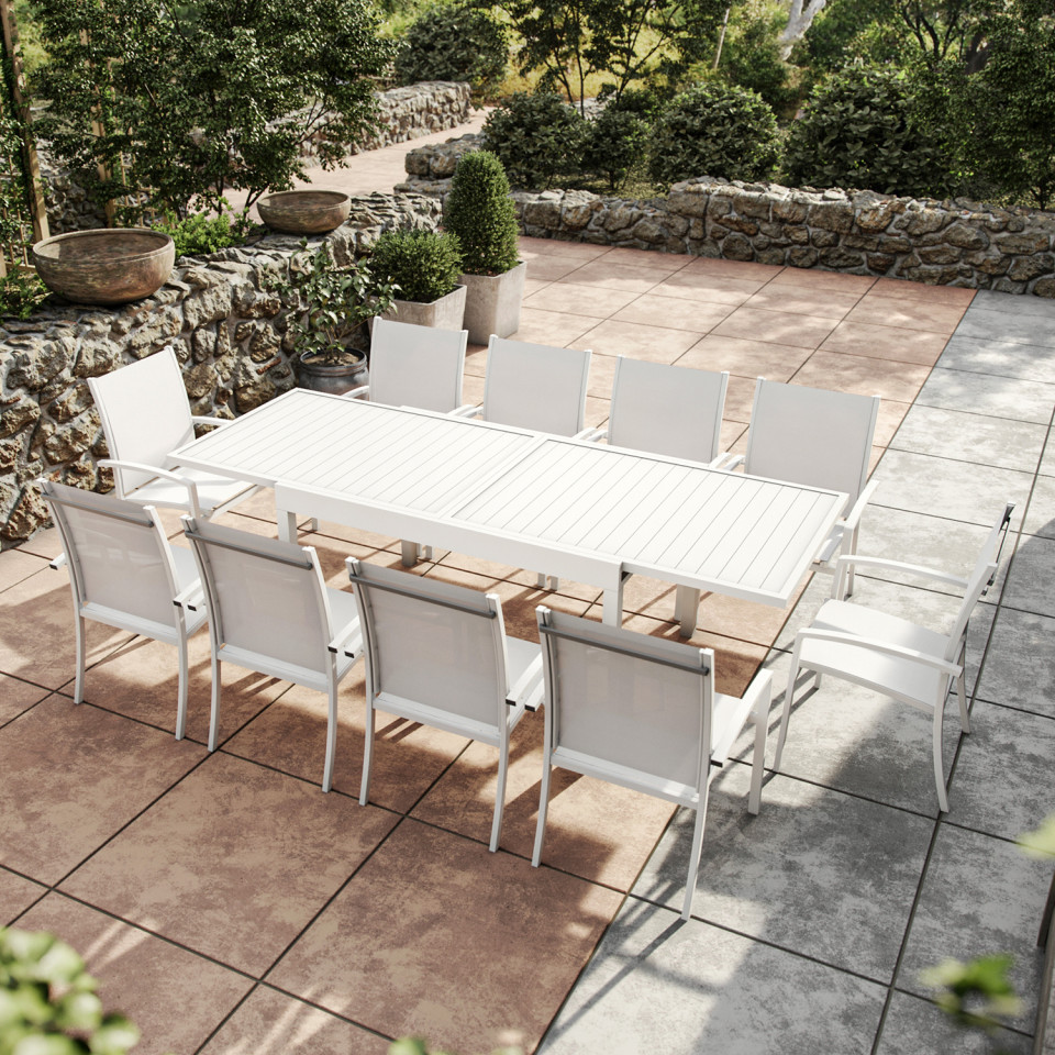 Table de jardin extensible aluminium 270cm  + 10 fauteuils empilables textilène - blanc - ANDRA