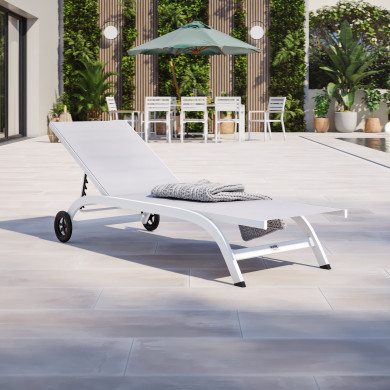 Bain de soleil / transat de jardin inclinable 5 positions avec roulettes - Blanc Gris - POL