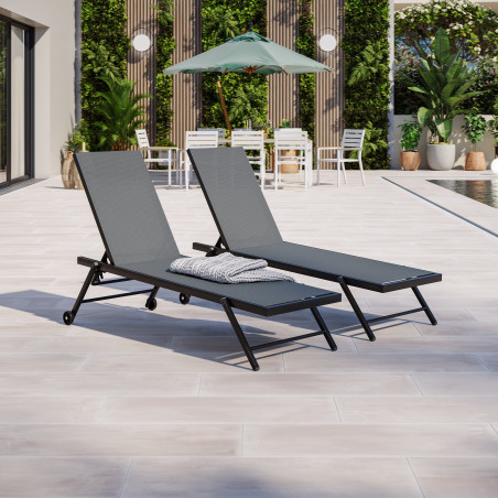 Lot de 2 bains de soleil / transat aluminium inclinable avec roulettes - Noir Gris - ALIA
