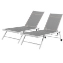 Lot de 2 bains de soleil / transat de aluminium inclinable avec roulettes - Gris clair