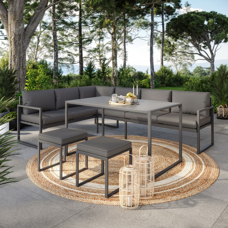 Salon de jardin en acier 8 personnes d'angle design - Gris Anthracite
