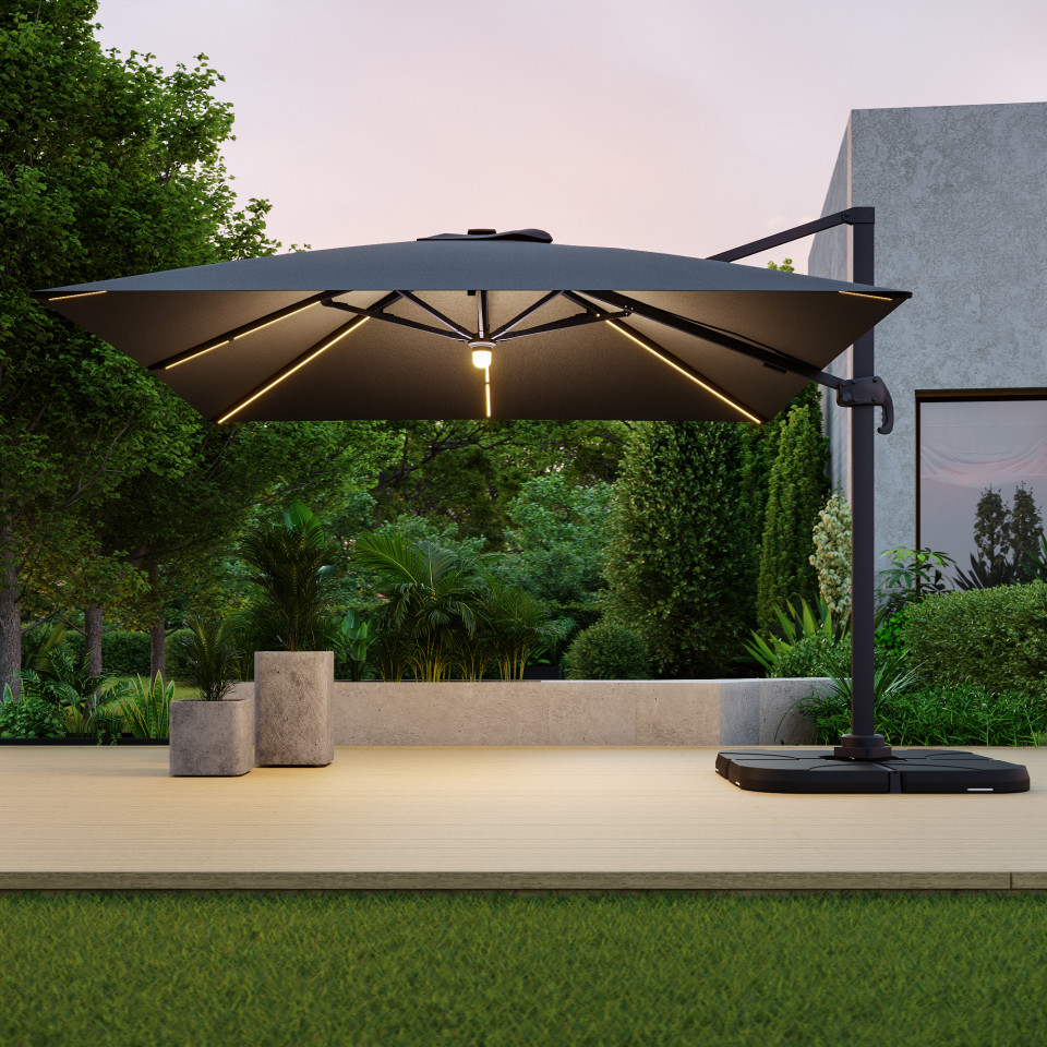 Parasol déporté LED 3x4m rectangle en aluminium + housse - rotatif 360° - Anthracite