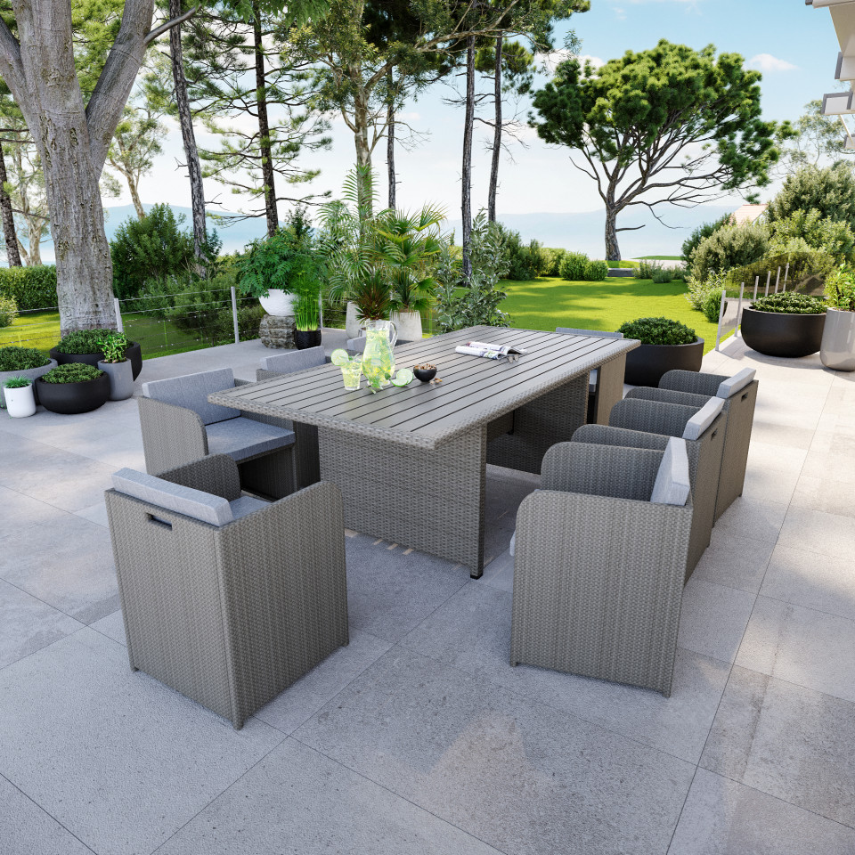 8 Places - Ensemble encastrable salon table de jardin aluminium et acier, housse de protection- Gris