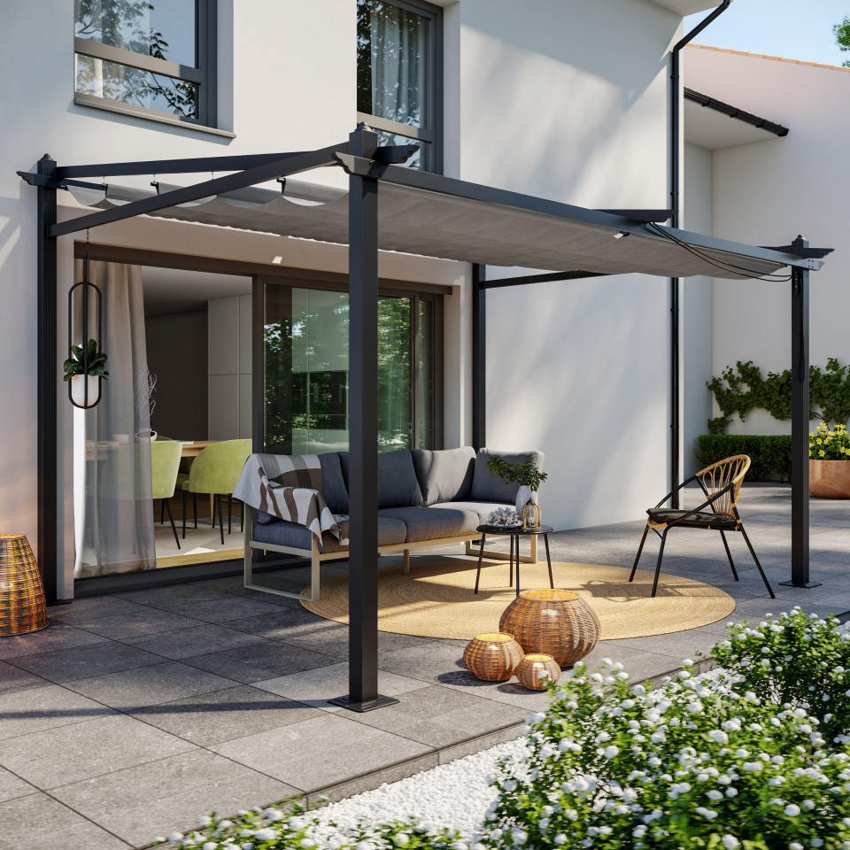 Tonnelle/Pergola mural en aluminium 3x4m toile coulissante rétractable - Gris