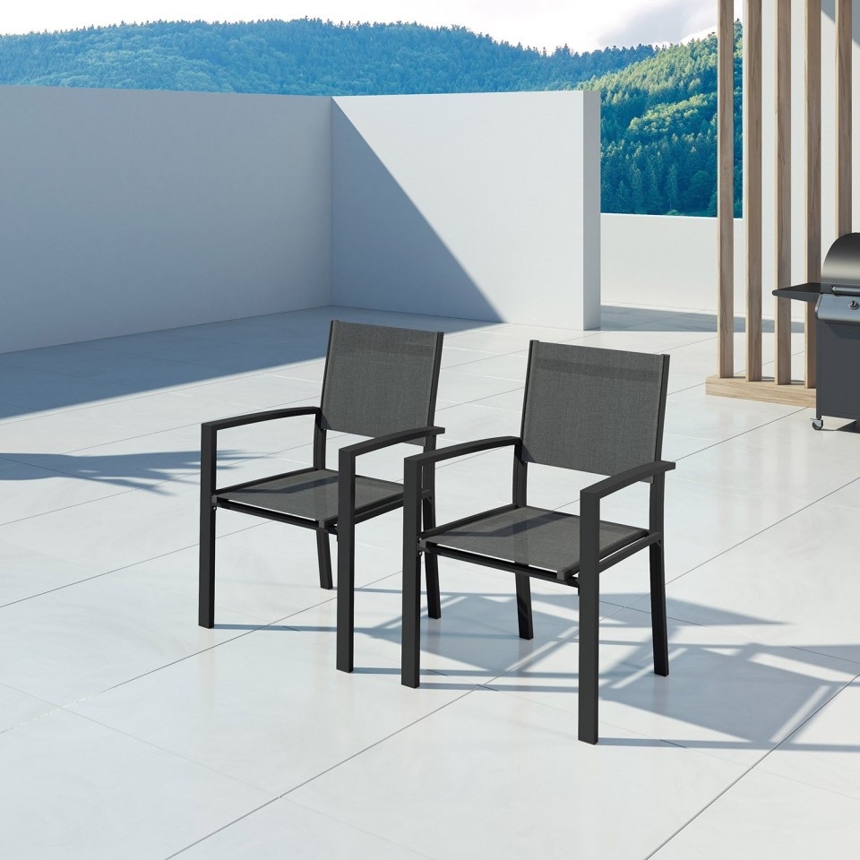 HARA - 2 Fauteuils empilables aluminium et textilène anthracite