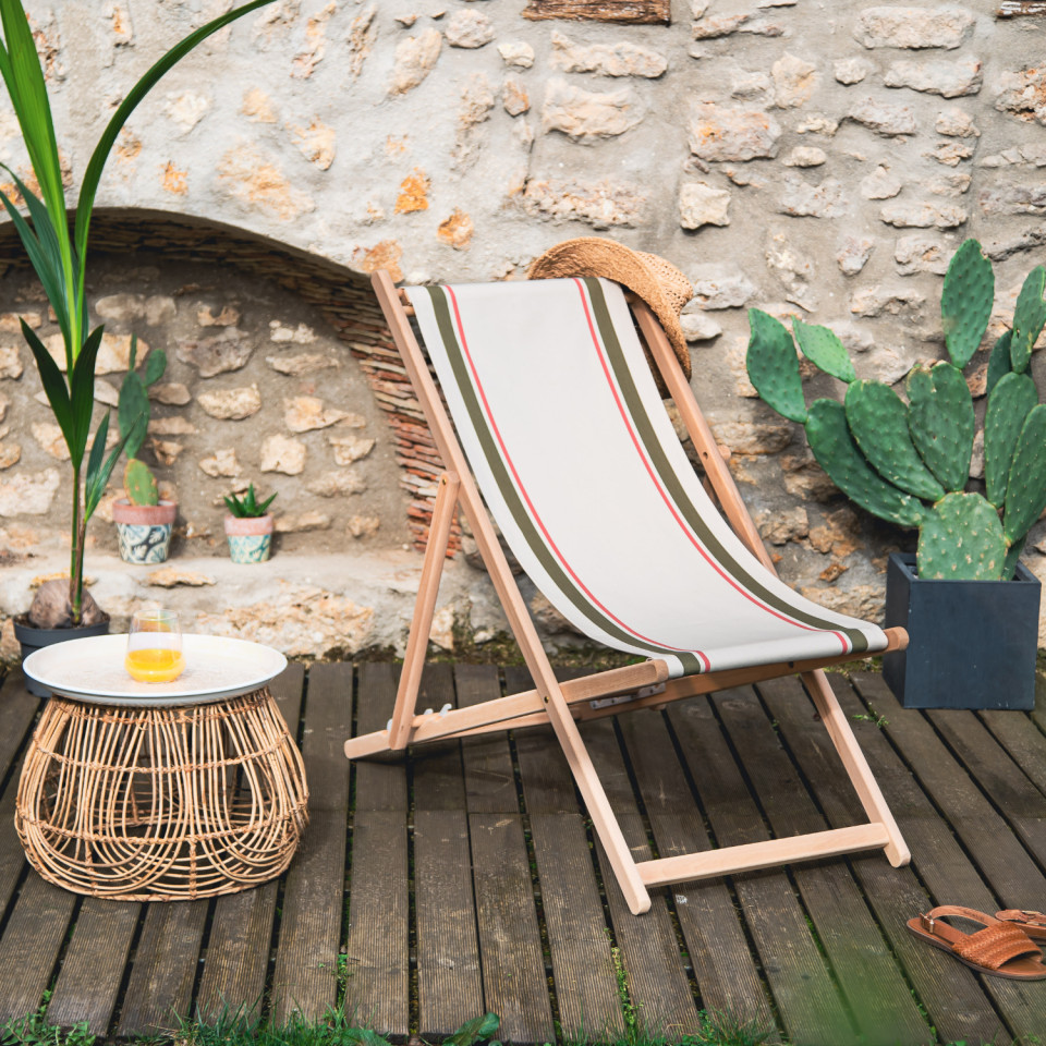 Lot de 2 chiliennes pliantes réglables - Structure hêtre toile 100 % coton amovible olive mangue