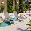 Lot de 2 bains de soleil / transat de aluminium inclinable avec roulettes - Gris clair