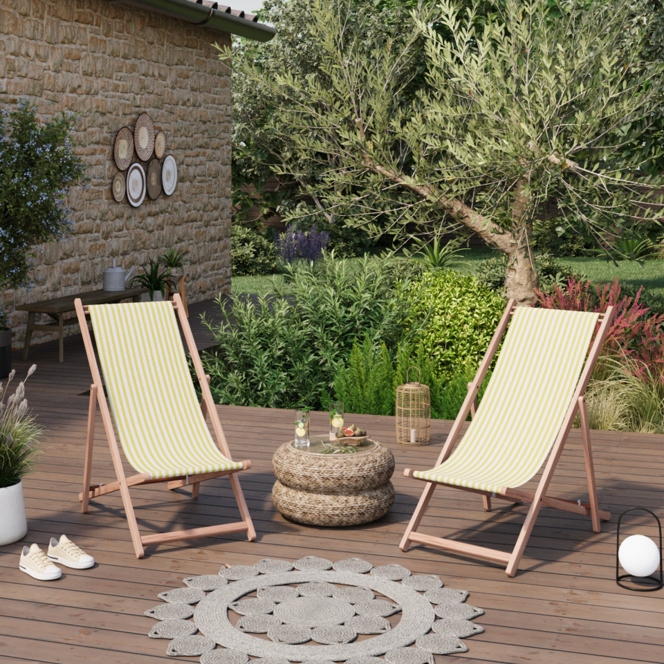 Lot de 2 chiliennes pliantes réglables - Structure hêtre toile 100 % coton amovible