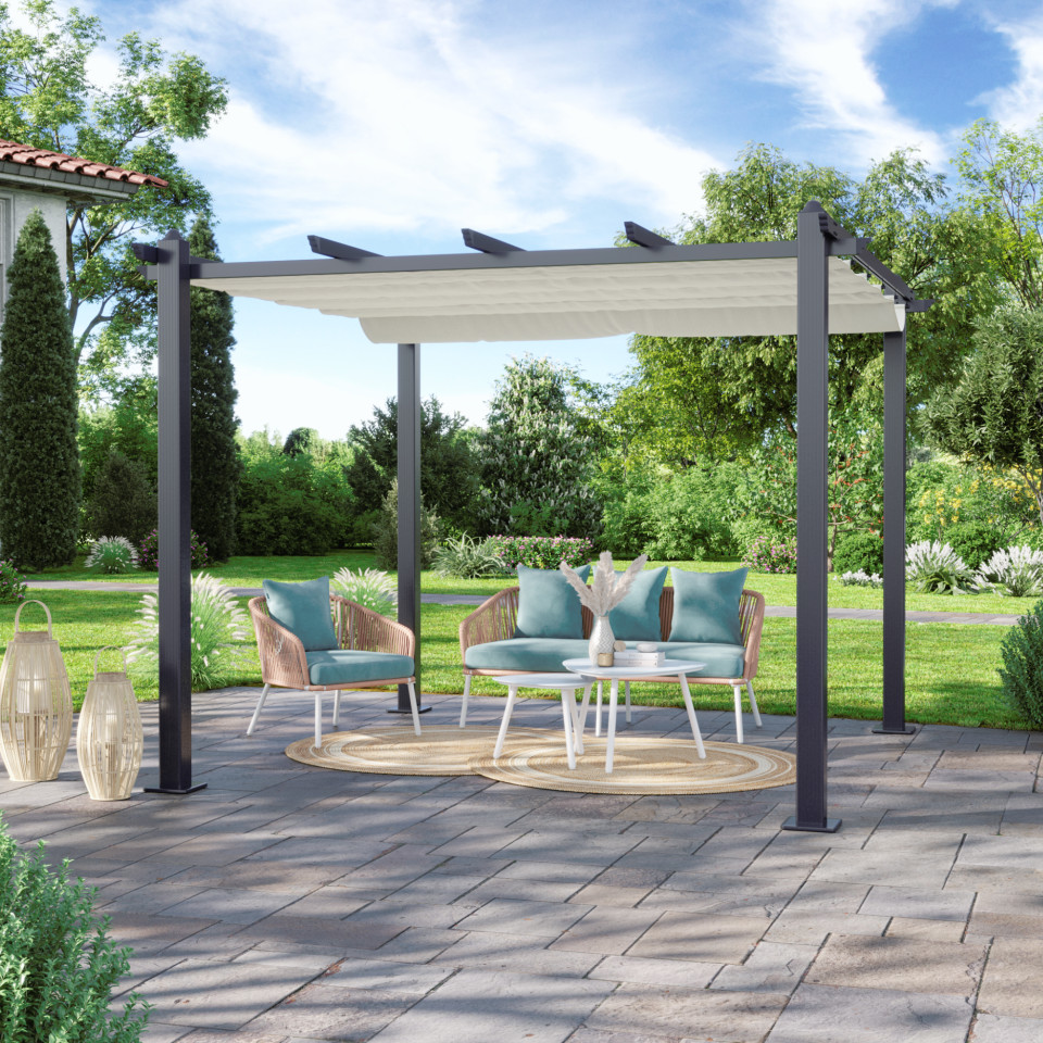 Tonnelle/Pergola aluminium 3x3m toile coulissante rétractable - Gris Ecru - Hero