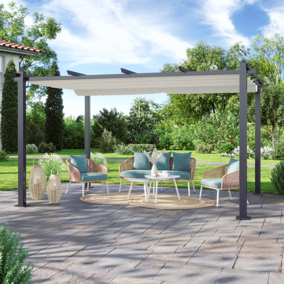 Tonnelle/Pergola aluminium 3x4m toile coulissante rétractable - Gris Ecru - Hero XL