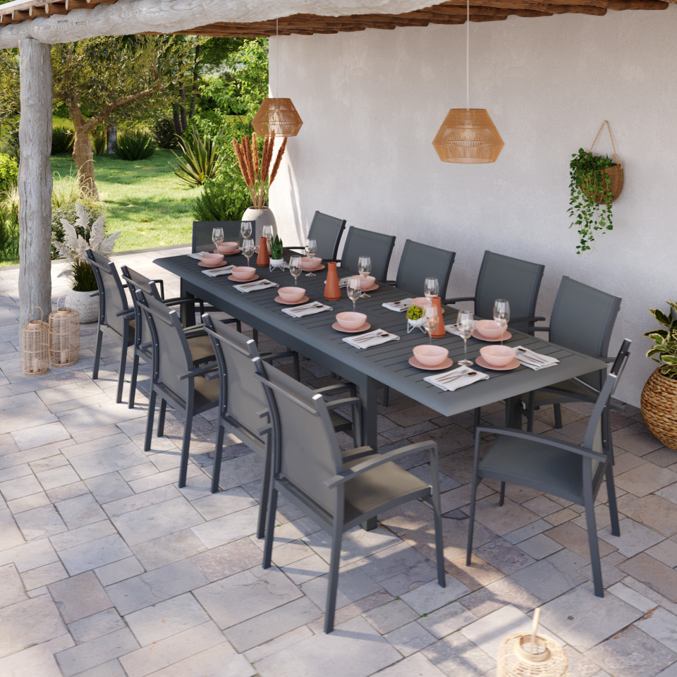 Table de jardin extensible aluminium 220/320cm + 12 fauteuils empilables textilène Gris Anthracite - ANDRA XL