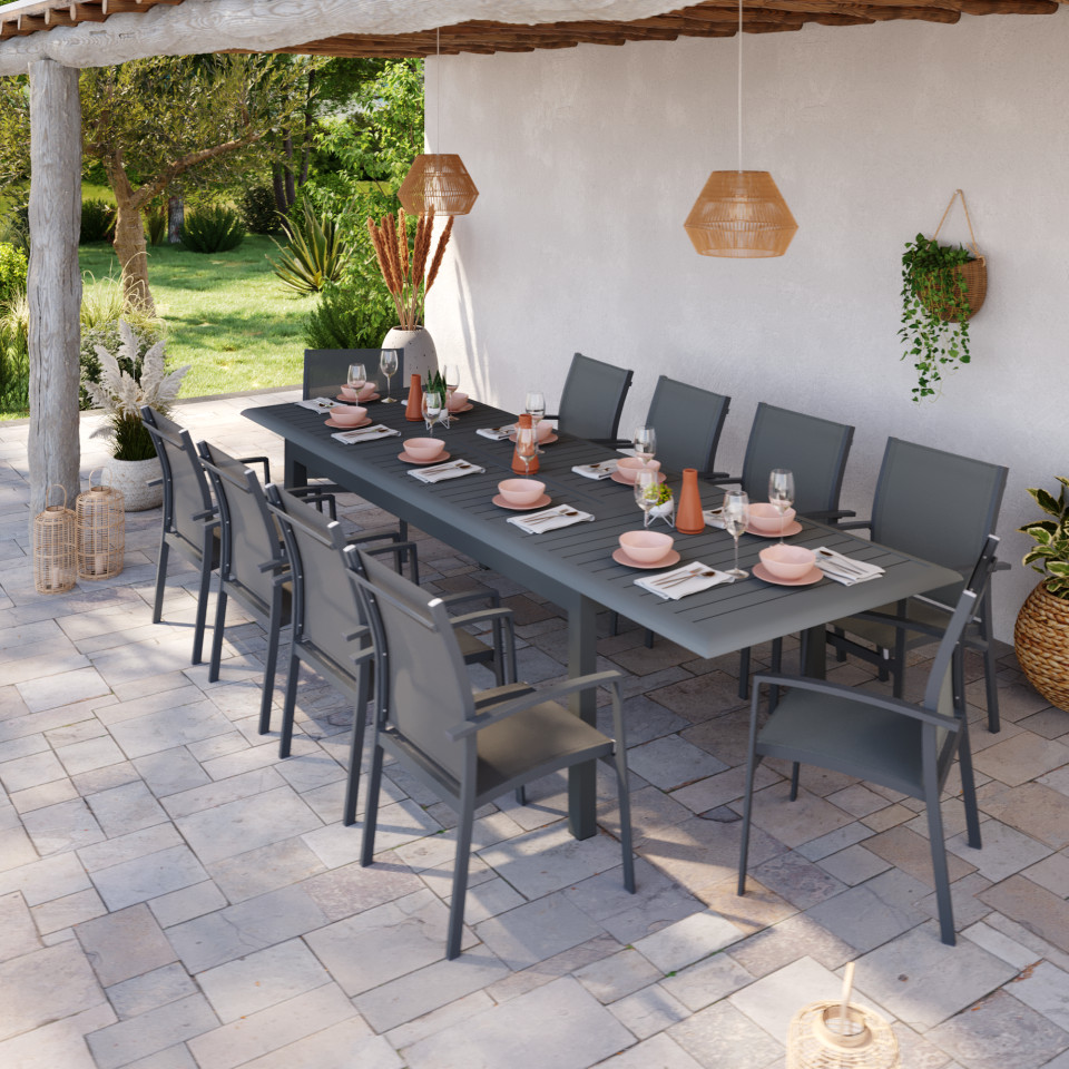 Table de jardin extensible aluminium 220/320cm + 10 Fauteuils empilables textilène Gris Anthracite - ANDRA XL