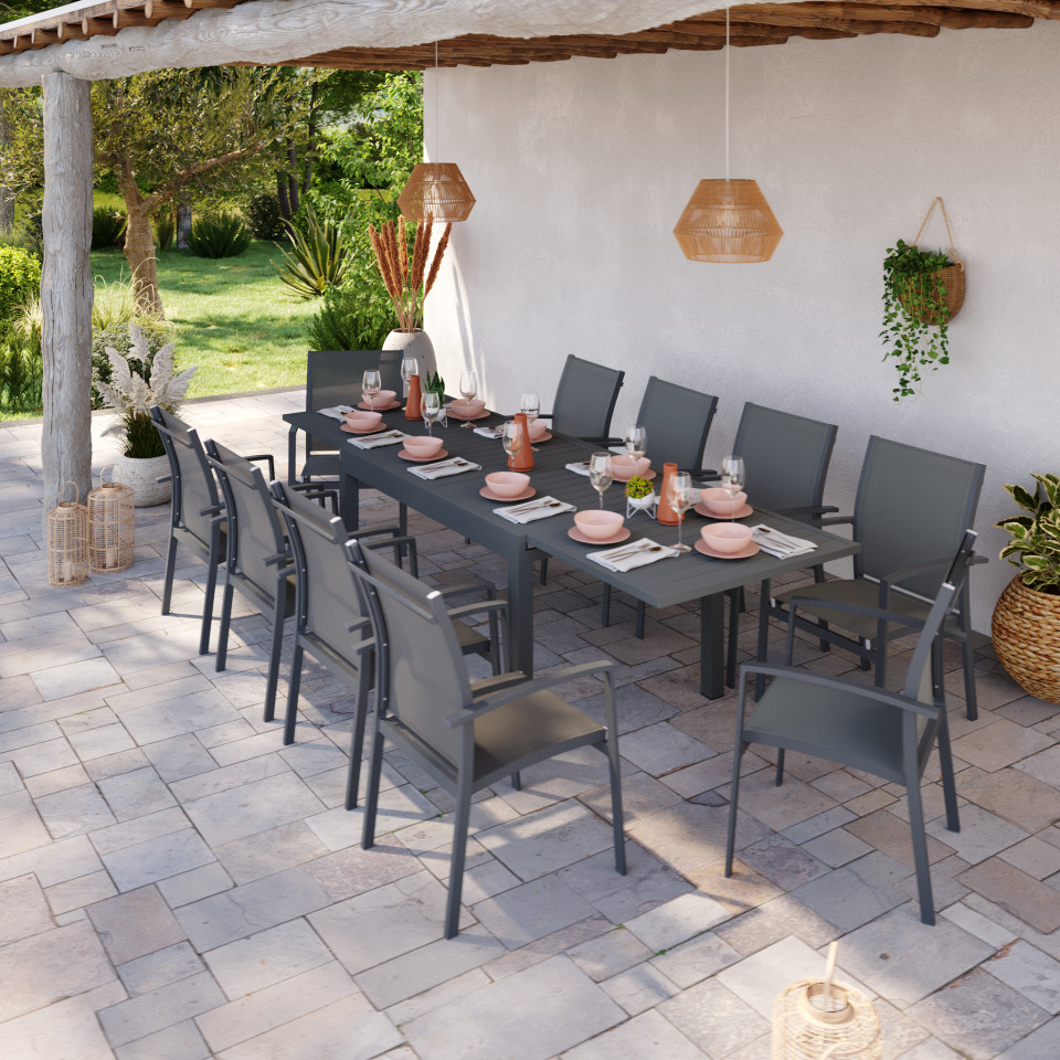 Table de jardin extensible aluminium 135/270cm + 10 Fauteuils empilables textilène Gris Anthracite