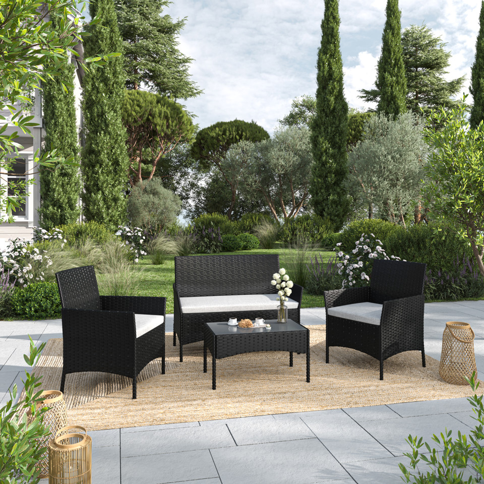 Salon de jardin résine tressée Noir/Ecru - ensemble 4 places - Canapé + Fauteuil + Table