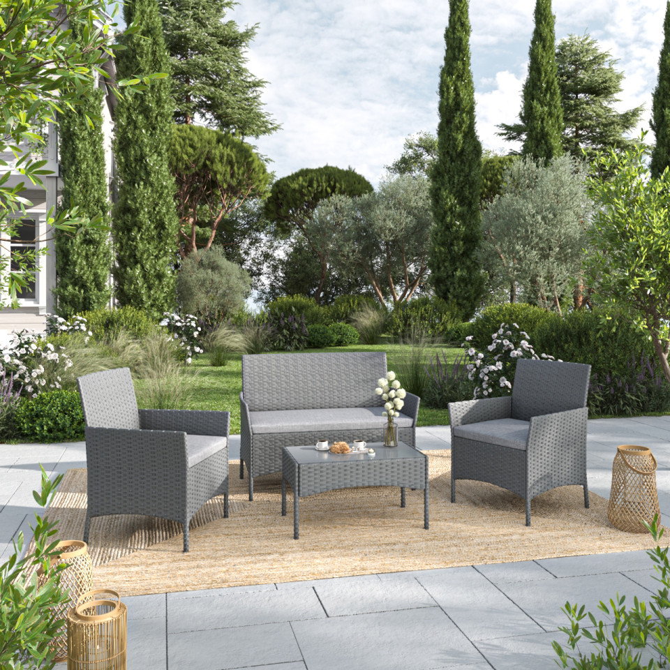 Salon de jardin résine tressée Gris - ensemble 4 places - Canapé + Fauteuil + Table