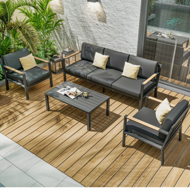 Salon de jardin design en aluminium 5 Places -  Gris anthracite et naturel - MABILLON