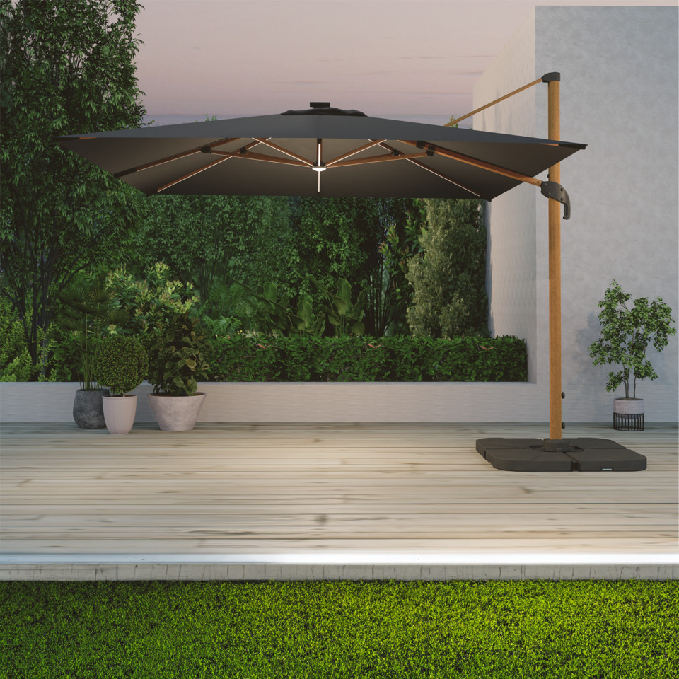 Parasol déporté LED 3x4m rectangle en aluminium housse incluse- rotatif 360° - Bois / Anthracite - OPERA