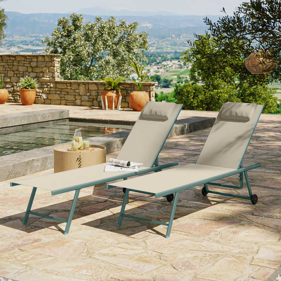 Lot de 2 transats inclinables et empilables - Vert Beige