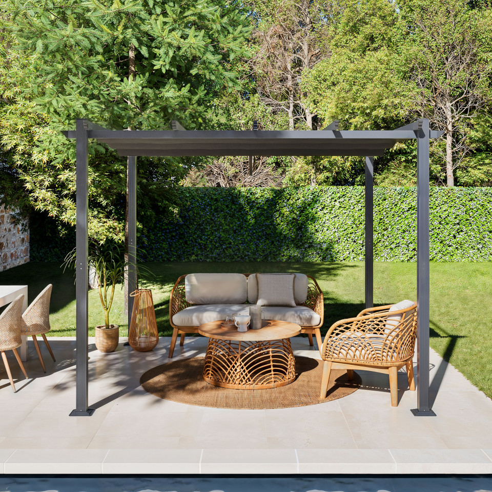 Tonnelle/Pergola aluminium 3x3m toile coulissante rétractable - Gris
