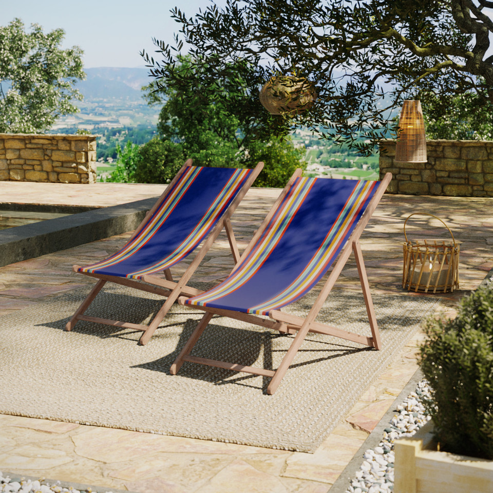 Lot de 2 chiliennes pliantes règlables - 100% acrylique - bois hêtre - Bleu/Orange