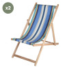 Lot de 2 chiliennes pliantes règlables - 100% acrylique - bois hêtre - Bleu/Blanc