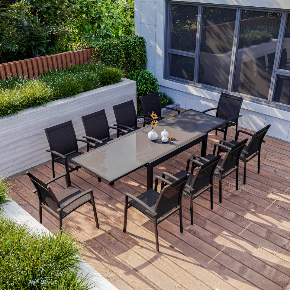 Table de jardin extensible aluminium 135/270cm + 10 Fauteuils empilables textilène Gris Anthracite