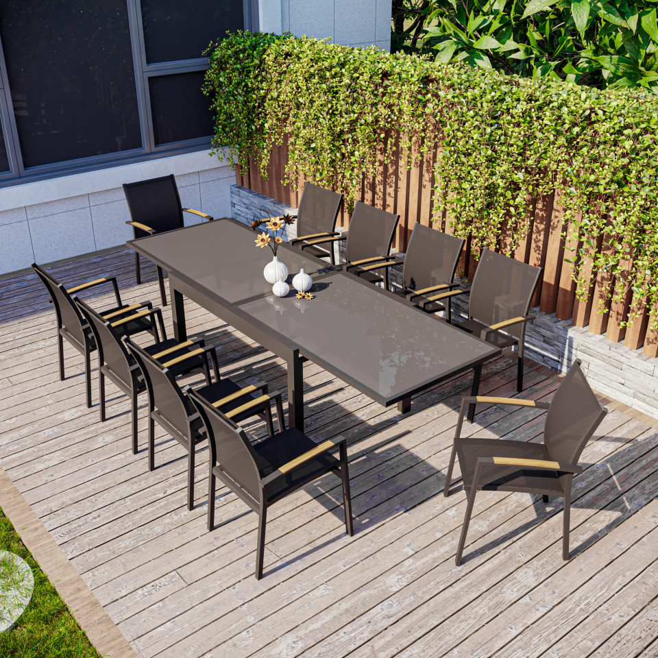 Table de jardin extensible aluminium 135/270cm + 10 fauteuils empilables textilène Gris Anthracite